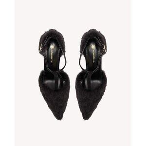 NEWBELLA Black Faux Fur Stiletto Heel Pumps T Strap Pumps